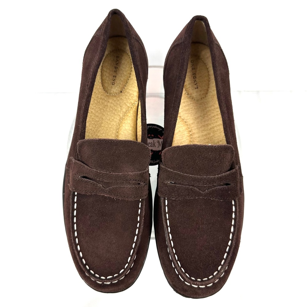 Lands' End Women's Spice Brown Suede Penny Loafers Size 8.5 Comfort Driving Mocs